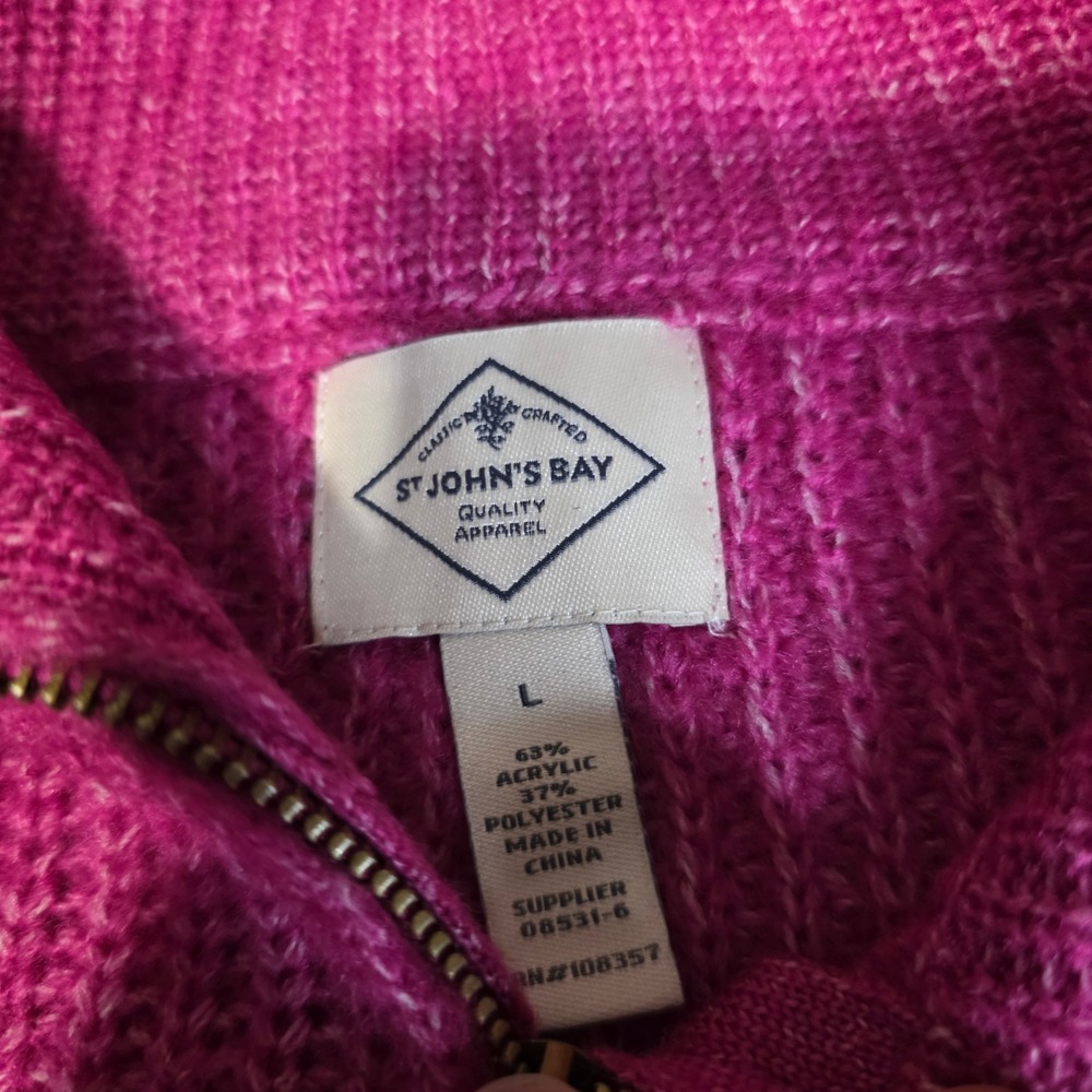 St John's Bay Womens L Sweater French Fuchsia Quarter Zip Shaker Knit Pullover - Picture 5 of 7